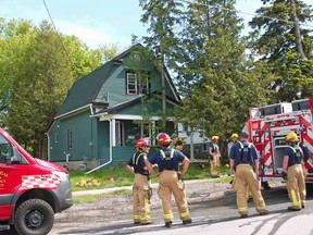 North Bay firefighters responded to a fire, Monday, in the basement of a home near the corner of Regina and Hardy streets. Michael Lee/The Nugget