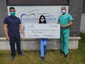 With matching donations from Bruce Power and $15,000 from the the Sandhu family at Saugeen Shores Family Dentistry in Port Elgin, including Dr. Gurbaz Sandhu (left), Reeti Sandhu and Dr. Harinder Sandhu,  the Saugeen Memorial Hospital Foundation GEM (Give Every Month) program will generate $95,000 to buy healthcare equipment at Saugeen Memorial Hospital in Southampton this year. [Submitted]