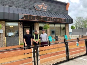 Pop-Up Street Patios Inc., was busy at The Fig in Ripley on Wednesday, May 26, setting up a patio as the restaurant prepares to servce their customers again. L-R: Jaxon Dougan, Nicholas Valerio and Trent Dougan. SUBMITTED