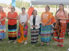 The Matriachs of Maskwacis sang Grandmothers Song during a ceremony at Bear Park in Ermineskin to honour and pay respect to the 215 children whose bodies were found buried at the former Kamploops Residential School last week.