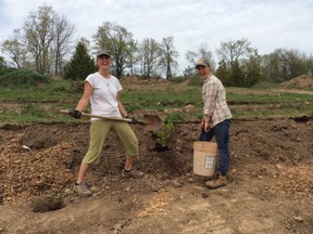 Simona Freiberg and Lydia Dyck planting trees and bushes into swales in the food forest.