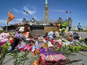 Residential Schools Memorial of shoes at the Centennial Flame on Parliament Hill, in memory of the 215 children whose remains were found at the grounds of the former Kamloops Indian Residential School in Kamloops, B.C. Monday, June 1, 2021.