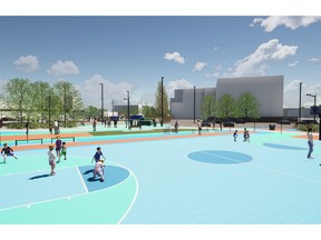 Artistic rendering of a basketball court at a park near Franklin Avenue and Main Street. Supplied Image/Regional Municipality of Wood Buffalo