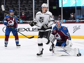 Colorado Avalanche goaltender Jonas Johansson (35) makes a save in front of Los Angeles Kings' Drake Rymsha (43) in the first period at Ball Arena in Denver on May 13, 2021. (Ron Chenoy-USA TODAY Sports)