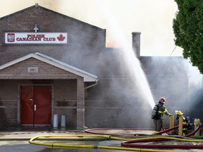 Chatham-Kent firefighters battle a blaze at the Polish Canadian Club on Inshes Avenue in Chatham, Ont., on Wednesday, May 19, 2021. (Mark Malone/Chatham Daily News)