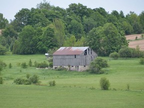 An old bank barn sits on the side of a hill in the Municipality of Meaford.