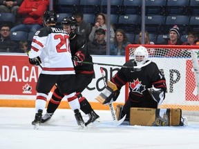 Canada Black goalie Ben Gaudreau plays against Canada White at the 2019 World Under-17 Hockey Challenge in Medicine Hat, Alta., on Nov. 2, 2019. (Photo by Matthew Murnaghan/Hockey Canada Images)