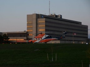An Ornge air ambulance sits outside the Owen Sound hospital on Friday, April 30, 2021.