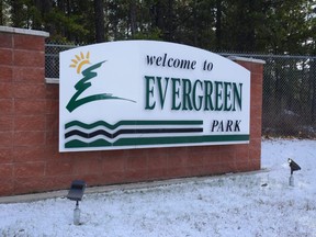 A sign outside of Evergreen Park on Saturday, Oct. 17, 2020. The hard work and commitment of nurses in the Peace Country will be saluted on May 14 when the Grande Sunset Theatre at Evergreen Park screens the movie “Patch Adams.”