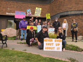 Members of the People Vs Predators Association (PVP) rally for justice against alleged sex offender Rodney Biggar in front of Spruce Grove City Hall on Sept. 19, 2020. Photo by Sheila Gunn Reid/Rebel News.
