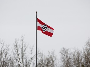 Hitler youth flag flown over a trucking business near Boyle, Ab. in Athabasca County on Hwy 831.
John Zwierkowski owns the land, and the  trucking business from there. The RCMP visited the site on May 5, 2021 and the flag was taken down.