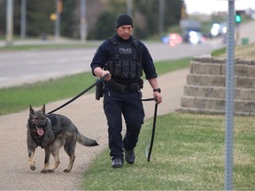 Police work at the scene of fatal shooting in Sherwood Park on the morning of Friday, May 7. Strathcona County RCMP responded to firearms incident on Baseline Road in Sherwood Park, one person has died another was transported to hospital and and a suspect has been arrested. Baseline between Highway 21 and Cloverbar Road is closed for investigation. DAVID BLOOM/Postmedia