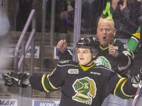 Jonathan Gruden of the Knights celebrates his first goal against the Guelph Storm. (Mike Hensen/The London Free Press file photo)