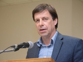 UCP Candidate Todd Loewen speaks to Central Peace-Notley constituents at an election forum in Valleyview’s Memorial Hall in Valleyview, Alta. on Monday, April 8, 2019. Loewen’s affiliation with the United Conservative Party ended Thursday evening but the relationship with his constituents transcends the party line.
