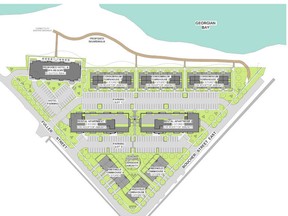 SkyDev, part of the Guelph-based Skyline Group of Companies, is proposing to build a five-storey hotel and 206 residential units as part of a sprawling nine-building waterfront development in Meaford at the site of the former Stanley Knight flooring factory. SkyDev development graphic