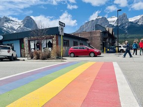 Check out the new Pride crosswalk at the rear entrance of the Canmore Civic Centre. On May 17, the International Day Against Homophobia, Transphobia and Biphobia, the Town of Canmore will fly the pride flag as a symbol of solidarity for those who have fought and continue to fight for LGBTQ2+ rights. Photo Marie Conboy/ Postmedia.