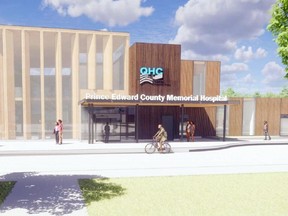 An early design drawing portrays the front of the new Prince Edward County Memorial Hospital in Picton.