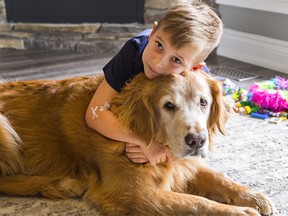 Jaxson Lesky of Brantford, Ontario hugs his family's pet Crosby on Tuesday May 4, 2021. The seven-year-old boy is recovering after being attacked by a neighbour's dog on April 24 that required almost 30 stitches to his arm and head.