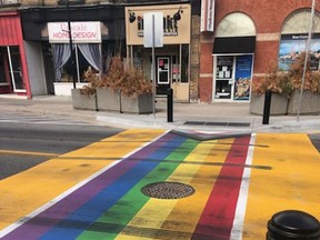 Brant OPP say they got a report Saturday that the rainbow-coloured crosswalk on Grand River Street North, between Mechanic and William streets, was damaged with vehicle tire marks. The crosswalk was unveiled on May 13.