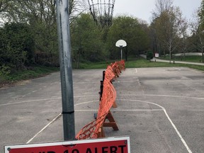 The City of Brockville wants to sure certain nobody violates provincial lockdown rules by playing at its outdoor basketball court beside the Brock Trail. The provincial lockdown order, which shuts outdoor recreation including tennis courts and golf courses, continues until at least May 20. Children may use playgrounds. (WAYNE LOWRIE/The Recorder and Times)