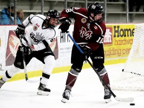 Chatham Maroons' Zach Power (18) is chased by Komoka Kings' Griffin St. Onge (6) behind the Kings' net in the third period at Chatham Memorial Arena in Chatham on Sunday, Jan. 5, 2020. Mark Malone/Postmedia Network