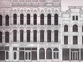 Left to right, 160 King Street West, Robert Cooper Book Seller (Burton's); No. 162, C R Stevenson Hardware (Later the site of the Singer Block), No. 164, Grand Central Hotel  later Bork's Shoes); No. 166 to No. 168, Karry Confectionary (Vanitie Shoppe). Drawing was created circa 1913. Other than the Stevenson Block, most of what is in the photo is still there. John Rhodes photo