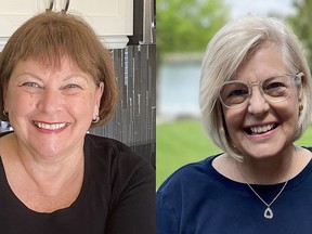 Pat Easton, left, and Laurie MacEacheron, right, are two of the retired Chatham-Kent Health Alliance nurses who have returned to work at the local vaccination clinic.