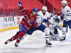 Dresden's T.J. Brodie (78) and the Maple Leafs can clinch first place in the North Division with a win Saturday over the Montreal Canadiens in Toronto. Brodie is seen battling Canadiens' Artturi Lehkonen on April 28 at the Bell Centre in Montreal. On Friday, Maple Leafs defenceman Morgan Rielly was asked what he's learned about Brodie this season. "He loves Chatham more than anyone else," Rielly said. "He wants to be the mayor of Chatham. Let's start that." Minas Panagiotakis/Getty Images