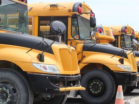 Some of the school buses in the Roxborough facility yard near Avonmore. Photo on Thursday, May 20, 2021, in Avonmore, Ont. Todd Hambleton/Cornwall Standard-Freeholder/Postmedia Network