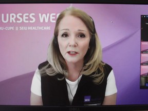 A screen shot of SEIU Healthcare president Sharleen Stewart during the media conference on Friday.Photo on Friday, May 14, 2021, in Cornwall, Ont. Todd Hambleton/Cornwall Standard-Freeholder/Postmedia Network