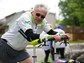 Bob Hardy, known as the Walker Runner, completed a 10-kilometre walk with the help of walker on Sunday, May 23, 2021 in Alexandria, Ont. He was joined by his wife, Vickie Hardy, at the end. Jordan Haworth/Cornwall Standard-Freeholder/Postmedia Network