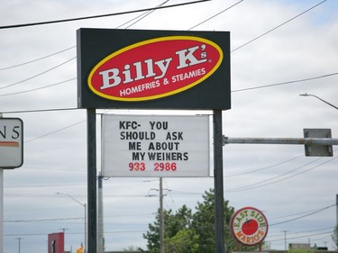 A viral trend has sprung up in Cornwall, with local businesses declaring a sign war on each other. The funny signage is seen here on Brookedale Ave., Cornwall, Ont., on Sunday, May 23, 2021. Jordan Haworth/Cornwall Standard-Freeholder/Postmedia Network