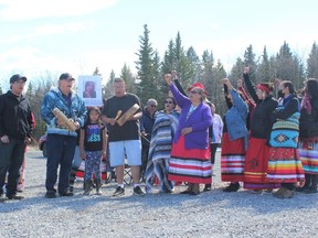 Family and friends gather April 28 to remember Keesha Faith Crawler at the site near Highway 1A on the Stoney Nakoda First Nations where the 23-year-old was discovered and pronounced deceased ten days prior. Patrick Gibson/Cochrane Times