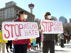 Hundreds came out to support the Stop Asian Hate rally at the Olympic Plaza hosted by the Calgary Asian Community in Calgary on Sunday, March 28, 2021. Darren Makowichuk/Postmedia

Postmedia Calgary