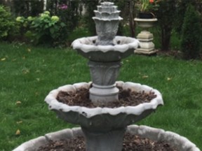 The large, three-tiered fountain that Owen Sound police say was among the many items stolen during a rash of thefts overnight Tuesday that targetted garden, other outdoor items. SUPPLIED