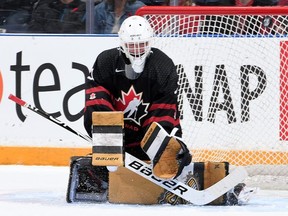 Canada Black goalie Ben Gaudreau plays against Canada White during the 2019 World Under-17 Hockey Challenge at the Canalta Centre in Medicine Hat, Alta. (Photo by Matthew Murnaghan/Hockey Canada Images)