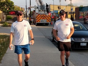 OPP sergeants Dave Matheson, left, and Patrick Armstrong, walked 100 km on the long weekend to raise money for the Dave Mounsey Memorial Fund, which was founded in 2009 in honour of officer Dave Mounsey, who was killed in 2006 in the line of duty while responding to a call. Since its inception, the fund has donated 124 defibrillators to public buildings in the name of fallen law enforcement, fire, EMS, and military members who have died in the line of duty. Scott Nixon