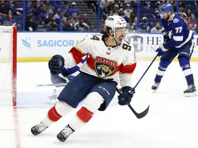 Florida Panthers left wing Ryan Lomberg (94) reacts after scoring the game winning goal on Tampa Bay Lightning goaltender Andrei Vasilevskiy (88) during overtime in game three of the first round of the 2021 Stanley Cup Playoffs at Amalie Arena, on Thursday, May 20, 2021.