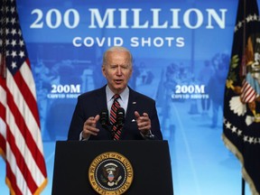 WASHINGTON, DC - APRIL 21: U.S. President Joe Biden delivers remarks on the COVID-19 response and the state of vaccinations at the South Court Auditorium of Eisenhower Executive Office Building on April 21, 2021 in Washington, DC. As of today, President Biden said the United States has distributed 200 million shots of COVID-19 vaccine.