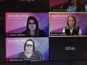 A screen grab of a Zoom meeting on Friday with registered public nurses raising concerns of workplace issues at Ontario hospitals during the COVID-19 pandemic.