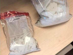 Two bags of a large amount of amphetamine are shown in a Kingston Police photo after the drug enforcement unit executed a Controlled Drugs and Substances Act search warrant at a residence on Albert Street in Kingston on April 30.