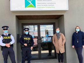 The Kirkland Lake OPP and The Canadian Mental Health Association (CMHA) have announced the implementation of a Mobile Crisis Response Team for the Kirkland Lake area. In the photo are KL OPP Detachment Commander Ryan Dougan, KL OPP Community Safety Officer / Media Officer, Provincial Constable Adam Gauthier, Lore-Lee Fortin Program Manager for CMHA and Keri Vaudry-Callin, Addiction and Mental Health Worker.