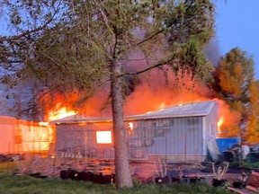 Fire destroyed a shed and damaged an adjacent trailer on Bells Line north of MacDonald Road in Bluewater on the evening of Fri., April 30.