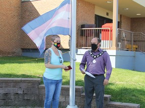 Photo Janice Lynn Clanfield
Chantal MacEachern, president of Elliot Lake Pride, and Elliot Lake Mayor Dan Marchisella raised the transgender flag at city hall on Monday.