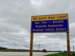 A vehicle heading north on Highway 6, just south of Ferndale, passes by a Ministry of Transportation sign warning motorists about the consequences of stunt driving. 
DENIS LANGLOIS/The Sun Times