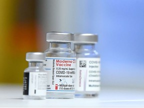 Vials of coronavirus disease (COVID-19) vaccines of Pfizer-BioNTech, Moderna and AstraZeneca are pictured at St. Mary's Hospital, in Phoenix Park in Dublin, Ireland, February 14, 2021. (file photo)