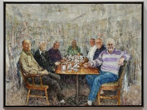 Fenwick also has painted Photo-Op, a group portrait of friends including prominent members of London’s arts community: artists Erik Atkinson, Maurice Stubbs, Helmut Becker, Joseph Hubbard, gallerist Al Stewart and collector Ian Tripp.