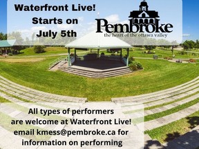 The City of Pembroke is putting out a call for performers for Waterfront Live!, its annual summer evening music program at the Waterfront Amphitheatre. Hopes are that by July, Ontario could be enterring Step Two of the provincial government's plan to reopen the province from the latest COVID lockdown and that includes outdoor performances.