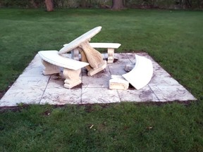 A cement table and bench at Pansy Patch Park, donated by the Pembroke Horticultural Society, were vandalized earlier this month. The damage was discovered by a member of the society on May 17.