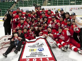 Pembroke Lumber Kings celebrate after defeating the Vernon Vipers 2-0 to win the RBC Cup championship game on May 8, 2011 at the Edgeworth Centre in Camrose, Alberta.